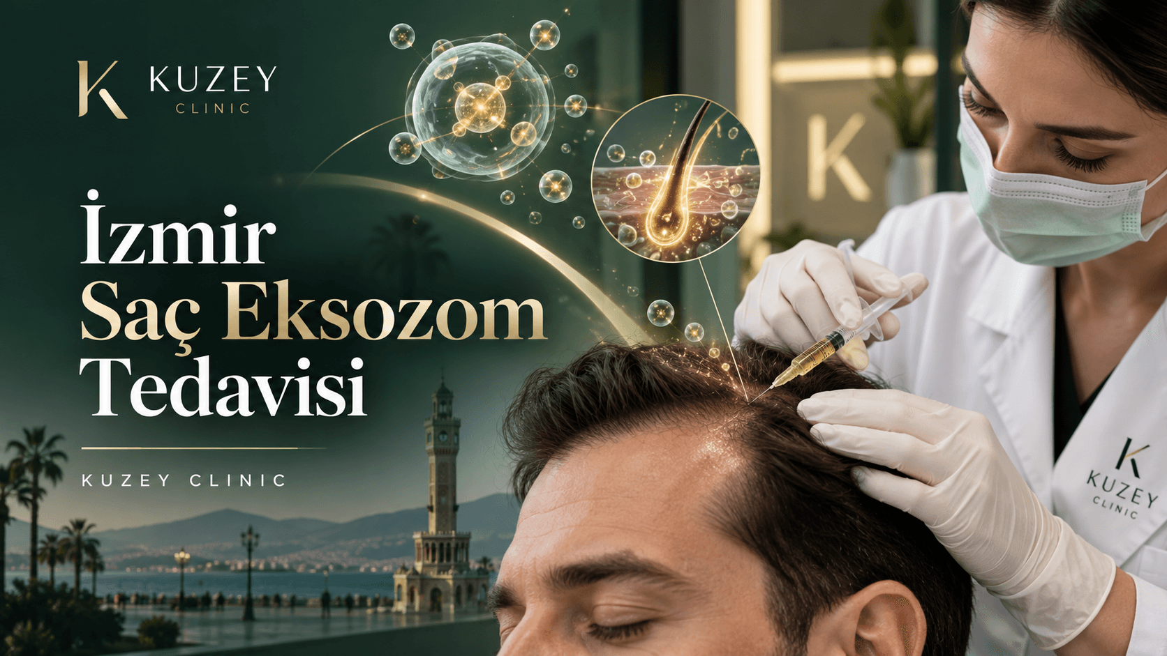 İzmir saç eksozom tedavisi hakkında Kuzey Clinic bilgilendirme görseli; saç ve saçlı deri araştırmalarını temsil eden klinik illüstrasyon